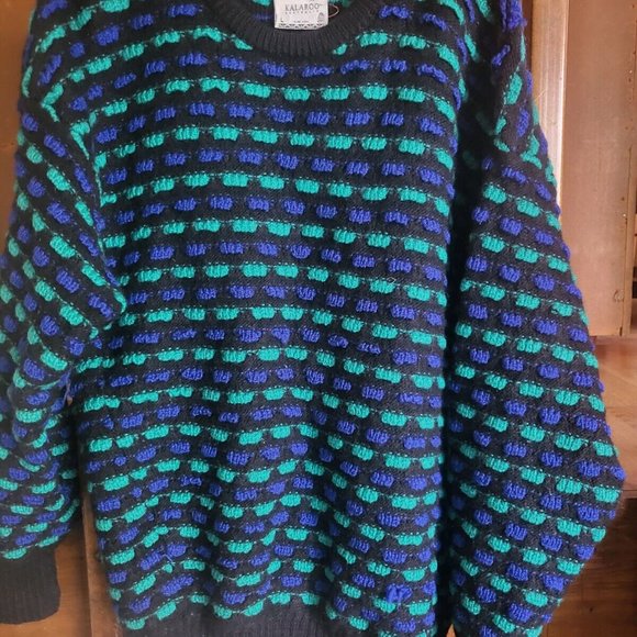 EUC! Kalaroo 100% Wool Sweater 90s Size L Blue Green Black New Wave Geometric - Picture 1 of 4